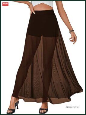Sexy Sheer Mesh Maxi Skirt High Waisted A-Line Flowy See Through Long Skirt